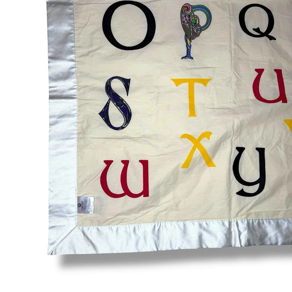 Vintage Baby Blanket‎ Satin Trim Alphabet Letters Celtic Nursery Theme Ireland